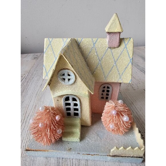 Pier 1 cardboard cottage village house tree spring Easter decor glitter sparkle - Picture 1 of 13